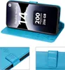 A collage of images showing a blue flip case for a Xiaomi Redmi Note 14 Pro 4G phone. The main image shows the phone inside the case, displaying promotional text on the screen. The smaller images show close-ups of the case's details, such as the embossed f Produktbild-Vorschau