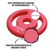A pink weight plate with handles, with callouts highlighting its features. Produktbild-Vorschau