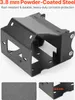 A black metal winch mount bracket is shown from a diagonal angle, with close-up insets showing the texture and thickness of the material. Podgląd zdjęcia produktu