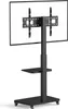 A black TV stand with a screen mounted on it, shown against a white background. Produktbild-Vorschau