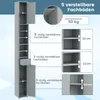 A tall, narrow gray cabinet with its doors open, showing shelves and a drawer. Diagrams illustrate shelf adjustability and weight capacity. Podgląd zdjęcia produktu