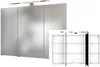 A collage showing a white LED illuminated medicine cabinet with mirrored doors from the front and an open view showing glass shelves. Produktbild-Vorschau