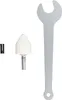 A set of accessories for a tool, including a grinding stone, a small black adapter, and a wrench, laid out on a white background. Produktbild-Vorschau