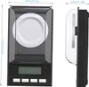 Front and side views of a digital milligram scale with dimensions indicated. Podgląd zdjęcia produktu
