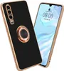 A black phone case with a gold ring is shown next to a smartphone. Produktbild-Vorschau