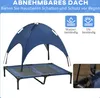 A blue elevated dog bed with a blue canopy, shown with icons indicating water and UV resistance. Produktbild-Vorschau