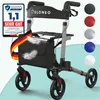 A rollator with various color swatches and a German flag ribbon. Produktbild-Vorschau