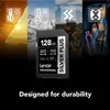 A Lexar Professional SILVER PLUS 128 GB SDXC UHS-I memory card is shown in the foreground, with a collage of images representing different environmental conditions and usage scenarios in the background. Voir les images du produit