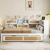 A white daybed with storage drawers and a bookshelf headboard, styled in a bedroom setting with decorative items and a rug. Voir les images du produit