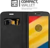 A black wallet-style phone case is shown open, with a credit card inserted into a slot. A smartphone is also visible, displaying the time. Náhľad obrázku produktu