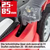 A gloved hand is shown adjusting the height setting on a red lawnmower. Produktbild-Vorschau