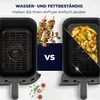 Comparison image showing a dirty air fryer basket on the left and a clean one on the right, with food items. Voir les images du produit