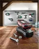 A workbench with a battery charger and battery in the foreground, and various power tools mounted on a metal board in the background. Produktbild-Vorschau