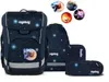 A set of school supplies including a backpack, a smaller backpack, and two pencil cases, all with a space-themed design. Produktbild-Vorschau