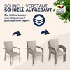 Illustration showing how chairs can be stacked for space-saving storage, with text and a quality seal. Produktbild-Vorschau