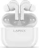 A pair of white wireless earbuds and their charging case are displayed against a white background. Produktbild-Vorschau