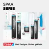 A display of tesa SPAA series shower accessories in their packaging, set against a blurred bathroom background. Náhled obrázku produktu