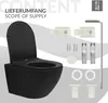 A black wall-mounted toilet with its accessories, including mounting hardware and tools, displayed on a light gray background. Text indicating 'LIEFERUMFANG SCOPE OF SUPPLY' is present. Podgląd zdjęcia produktu