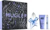 A gift set of Thierry Mugler Angel perfume, including a perfume bottle, a lotion tube, and a sample vial, displayed next to its packaging. Podgląd zdjęcia produktu