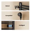 Three panels showcasing features of a black electric towel radiator. Anteprima dell’immagine prodotto