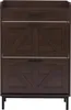 A front view of a dark brown wooden shoe cabinet with two flip-out compartments and a drawer. Podgląd zdjęcia produktu