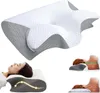 A collage of images showing an ergonomic pillow, a person sleeping on it, and diagrams illustrating its support for the neck. Produktbild-Vorschau
