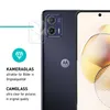 A close-up marketing image showing a smartphone with a camera lens protector and text describing its features. Produktbild-Vorschau