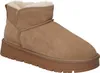 A single camel-colored winter boot with white fur lining and a thick brown sole is shown against a white background.