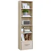 A tall, narrow, light wood-colored bookshelf with several shelves, displaying various decorative items and books. Produktbild-Vorschau