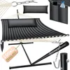 A product shot of a hammock with its stand and accessories, presented on a white background. Produktbild-Vorschau