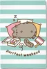 A cute cartoon cat is sleeping on pillows next to a pizza box with a donut, a video game controller, and film strips. The background has blue and white stripes. Produktbild-Vorschau