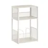 A white and light wood shelving unit with two shelves and metal dividers on the bottom shelf. Produktbild-Vorschau