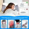 A woman sleeping on an orthopedic pillow, with diagrams illustrating correct and incorrect sleeping posture, and images showing pain points in the head, shoulder, neck, and wrist. Produktbild-Vorschau