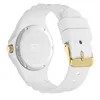 The back view of a white Ice Watch with a gold buckle and crown. Voir les images du produit
