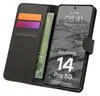 A black flip case for a Realme 14 Pro 5G phone, shown open with cards and cash inside. Produktbild-Vorschau