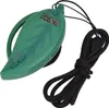 A green leaf-shaped portable radio with a digital display and a black lanyard. Voir les images du produit
