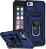 A dark blue iPhone case with a sliding camera cover and a ring holder is displayed with a phone inside it. Another case is shown from a different angle in the foreground. Produktbild-Vorschau