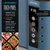 A close-up of a blue toaster with a touch panel and display, alongside images of various toasted bread slices. The touch panel shows functions like defrost, toast level, reheat, and cancel, with a timer display. Voir les images du produit