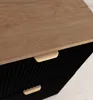 A close-up view of a modern dresser with a wooden top and black, ribbed drawer fronts. Two wooden handles are visible. Náhled obrázku produktu