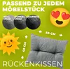 A marketing image for outdoor cushions, showing different color options, dimensions, and a friendly sun graphic. Produktbild-Vorschau