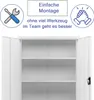 Close-up view of an open white metal cabinet with shelves, with marketing icons and text above. Produktbild-Vorschau