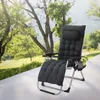 A black reclining chair with a cushion and headrest is placed on a patio with a blurred background of trees and greenery. Produktbild-Vorschau