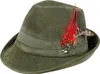 A green fedora-style hat with a feather and a star-shaped pin. Voir les images du produit