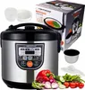 A multicooker is shown with its accessories and packaging, along with fresh vegetables. Produktbild-Vorschau