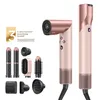 A rose gold hair dryer and its attachments are displayed on a white background, with a warranty graphic on the left. Produktbild-Vorschau