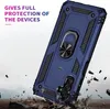 A blue phone case with a ring holder is shown in a dynamic pose, as if falling and hitting the ground, with debris flying around it. Text overlays highlight its protective features. Produktbild-Vorschau