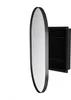 A black medicine cabinet with an oval mirror and glass shelves, shown against a white background. Produktbild-Vorschau