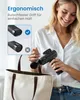 A woman is holding a massage gun and a tote bag, with text overlays highlighting product features. Produktbild-Vorschau