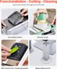 A collage of four images showing different features of a vegetable slicer. Produktbild-Vorschau