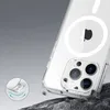 A clear phone case with a magnetic ring is shown on a rough surface, with small dark particles falling around it, suggesting a drop test. Produktbild-Vorschau